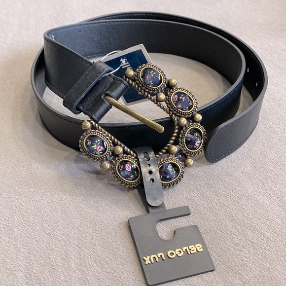 NWT Belgo Lux Black Belt With Golden Metal Buckle Floral Material Women Size XL - Picture 1 of 8